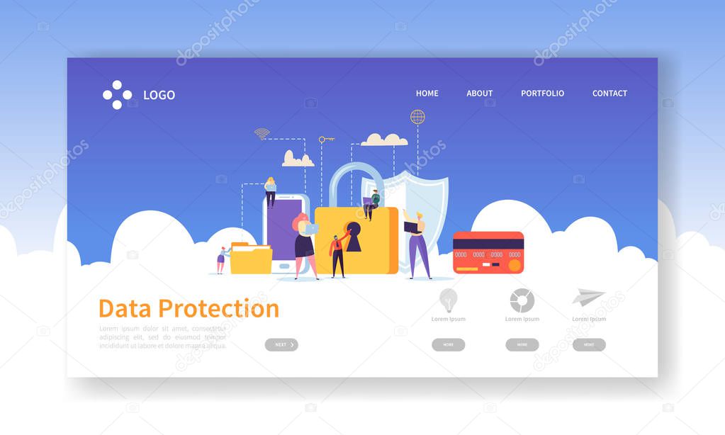 Network Security Landing Page. Data Protection Banner with Flat People Characters and Digital Data Secure Website Template. Easy Edit and Customize. Vector illustration