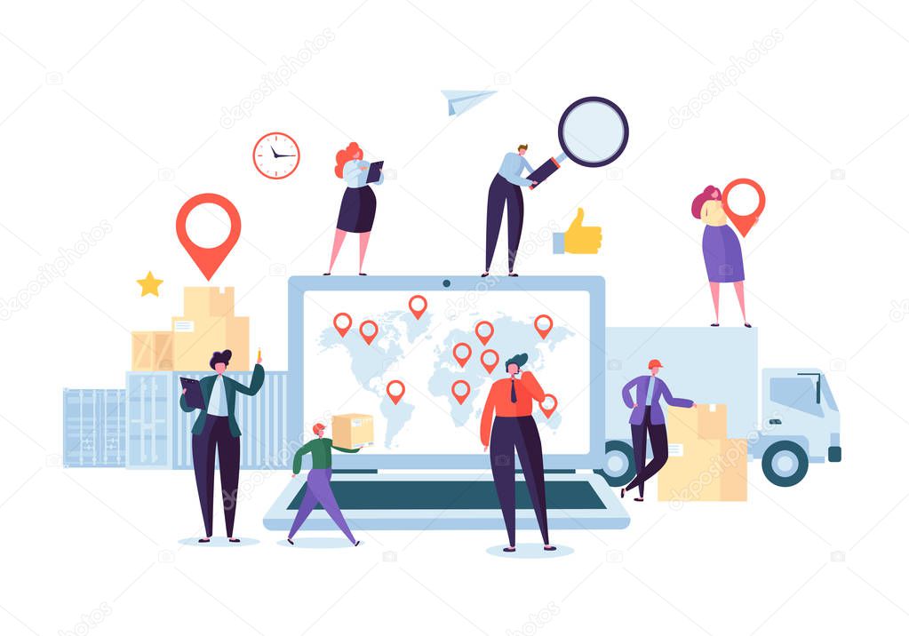 Online Cargo Delivery Tracking Web Site Service. Worldwide Logistic Delivery Concept with Courier Characters. Workers in Uniform with Parcels. Vector illustration