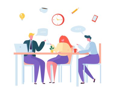 Office kahve molası. Öğle yemeği zamanında iş karakter. Birlikte oturan ve çay içme çalışanlar. İşyerinde sohbet arkadaşları. Vektör çizim