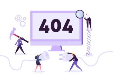 Web sitesi yapım aşamasında. Ağ sorunu tamir üniformalı karakter arkadaşlarınızla 404 sayfa bakım. Web sayfası bulunamadı. Vektör çizim