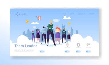 Takım lideri açılış sayfası. Liderlik kavramı ile düz iş insanlar karakterler Web sitesi şablonu. Kolay düzenleme ve özelleştirme. Vektör çizim