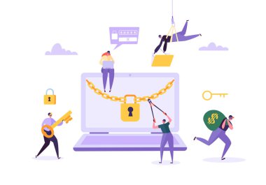 Parola ve para--dan Laptop çalmak hacker. Hırsız kesmek bilgisayar karakterleri. Saldırı, dolandırıcılık, Web virüs kavramı Balık tutma. Vektör çizim