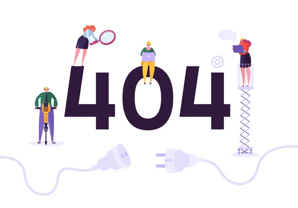 Strona w budowie. 404 strony konserwacji z znaków pracowników w mundurze Naprawa problemu z siecią. Nie znaleziono strony sieci Web. Ilustracja wektorowa — Wektor stockowy