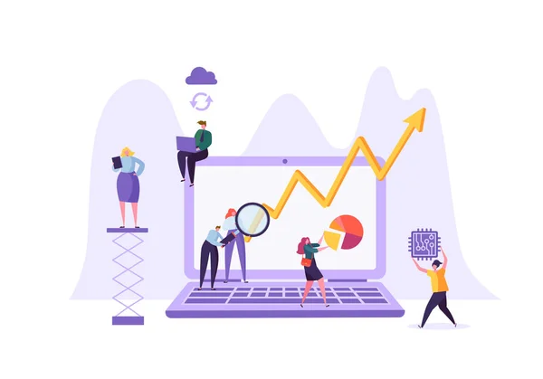 Data analyse bedrijfsconcept. Marketing strategie, Analytics met personen personages analyseren van financiële statistieken gegevens grafieken op Laptop. Vectorillustratie — Stockvector