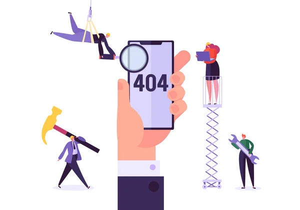 Mobile Website im Aufbau. 404 Seiten Pflege mit Charakteren Arbeiter in Uniform Reparatur Netzwerkproblem. Webseite nicht gefunden. Vektorillustration — Stockvektor