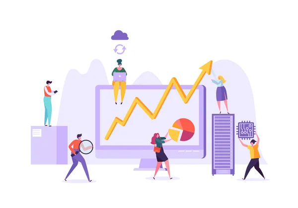 Data analyse bedrijfsconcept. Marketing strategie, Analytics met personen personages analyseren van financiële statistieken gegevens grafieken op de Computer. Vectorillustratie — Stockvector