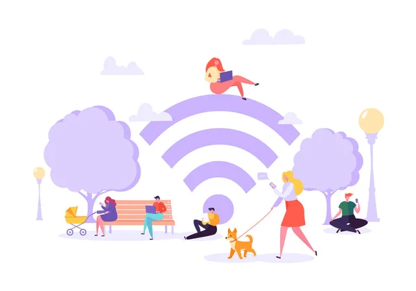 Wi-Fi im Park mit Menschen, die Smartphone und Laptop benutzen. Social-Networking-Konzept mit Charakteren mit mobilen Geräten. Vektorillustration — Stockvektor