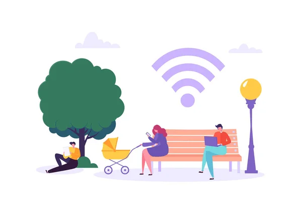 Wi-Fi στο πάρκο με άτομα που χρησιμοποιούν Smartphone και Laptop. Κοινωνική δικτύωση έννοια με χαρακτήρες με κινητές συσκευές. Εικονογράφηση διάνυσμα — Διανυσματικό Αρχείο