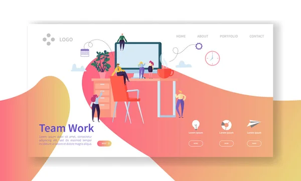 Strona docelowa pracy zespołu. Proces twórczy koncepcja z postaciami płaskie osób pracujących razem szablon strony internetowej. Łatwe edytowanie i dostosowywanie. Ilustracja wektorowa — Wektor stockowy