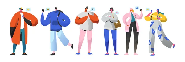 Social Networking Virtual Relationships Concept. Personnages Flat People Chatter via Internet à l'aide de Smartphone. Groupe d'hommes et de femmes avec téléphones mobiles. Illustration vectorielle — Image vectorielle