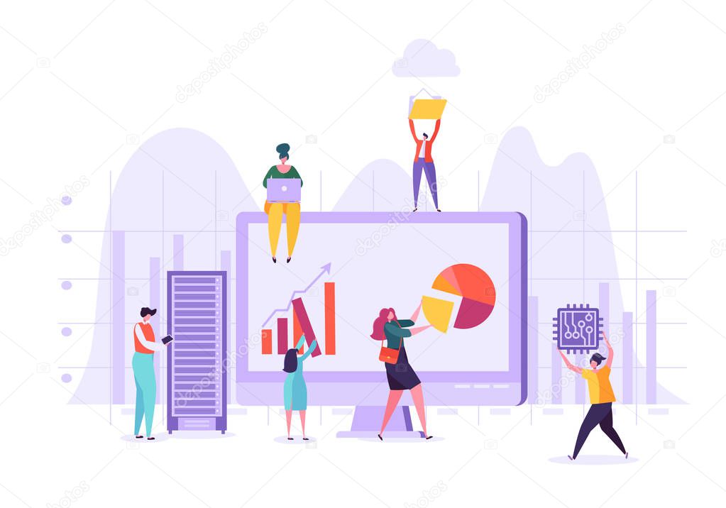 Business Data Analysis Concept. Marketing Strategy, Analytics with People Characters Analyzing Financial Statistics Data Charts on Computer. Vector illustration