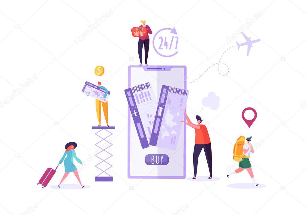 People Booking Air Plane Tickets Online Using Smartphone. Man and Woman Characters Planning Holiday Travel. Vector illustration