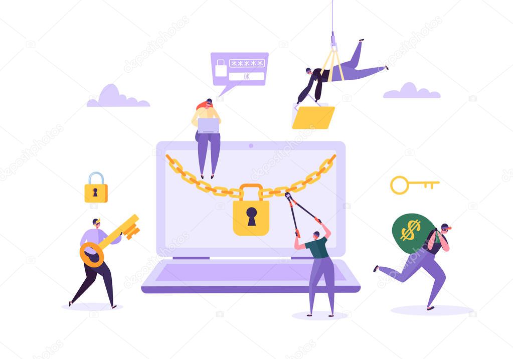 Hacker Stealing Password and Money from Laptop. Thief Characters Hacking Computer. Fishing Attack, Financial Fraud, Web Virus Concept. Vector illustration