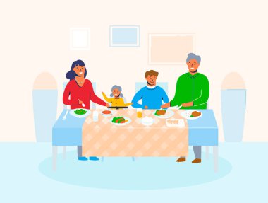 Aile karakterlerle evde yemek yeme ve birbirinizle konuşmak masada oturan çocuk. Mutlu çizgi film Anne, Baba, kızı ve oğlu, tatil akşam yemeğinde. Vektör çizim