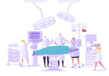 Tıbbi hastane ameliyathane cerrahi işlem. Doktor ve hemşire hastanın cerrahi işlemi gerçekleştirmeden karakterler. Vektör çizim