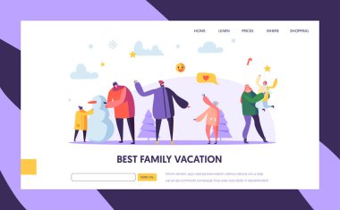 Sayfa şablonu açılış kış tatil günlerinde kartopu oynarken mutlu aile karakter. Anne, baba ve Web sitesi veya Web sayfası için kartopu oynayan çocuklar. Vektör çizim