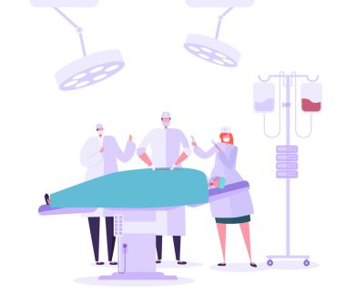 Tıbbi hastane ameliyathane cerrahi işlem. Doktor ve hemşire hastanın cerrahi işlemi gerçekleştirmeden karakterler. Vektör çizim