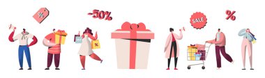 Satış, iskonto, satın alma hediyeler ve presents alışveriş insanlar karakterler. Online alışveriş, mobil pazarlama ve satınalma kavramı, e-ticaret. Vektör çizim