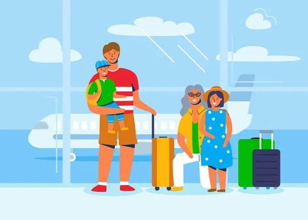 People characters on family trip. Father, mother, son and daughter sitting with luggage at the airport terminal waiting to board on plane. Tourists with suitcases. Vector illustration — Stock Vector
