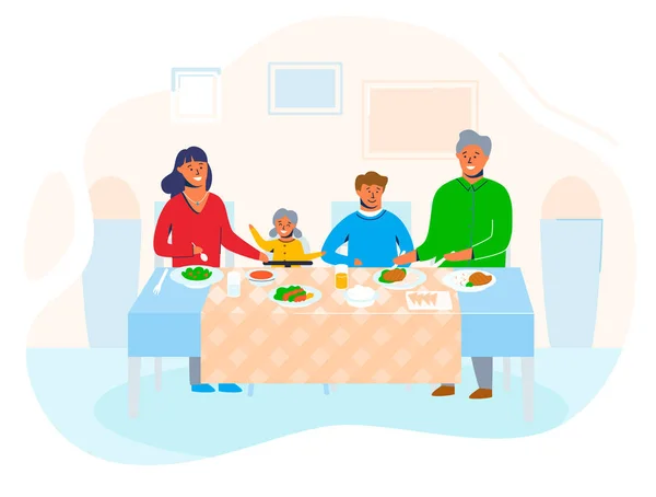 Счастливая семья дома с детьми, которые сидят за столом, едят еду и разговаривают друг с другом. Люди мультяшные персонажи матери, отца, дочери и сына на праздничном ужине. Векторная иллюстрация — стоковый вектор