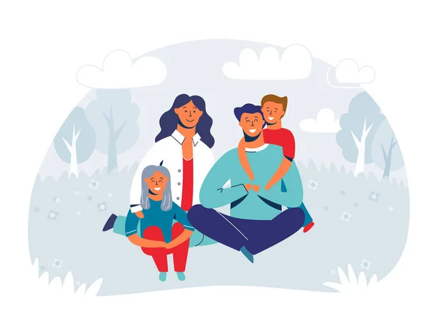 Mutlu bir aile piknik keyfi. Anne, baba ve çocuk gülümseyen ve çim üzerinde oturan karakter. Park veya orman kişi. Vektör çizim
