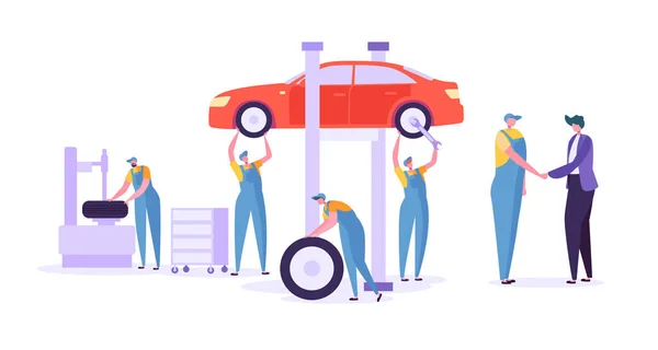 Car Repair Auto Service. Professional Mechanic Characters in Uniform Changing Tyres. Automobile technical maintenance concept. Vector illustration — Stock Vector