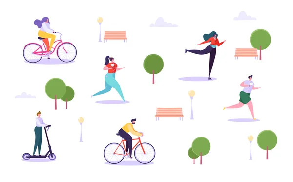 Recreatieve activiteiten in de buitenlucht Concept. Actieve tekens uitgevoerd in Park, Man en vrouw fietsten, meisje rolschaatsen, Guy op Kick Scooter. Vectorillustratie — Stockvector