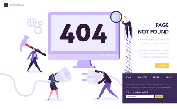 404 bakım hata sayfası şablonu iniş. Sayfa karakterlerle inşaat kavramı altında işçi Internet sorunu gidermek için Web sitesi bulunamadı. Vektör çizim — Stok Vektör