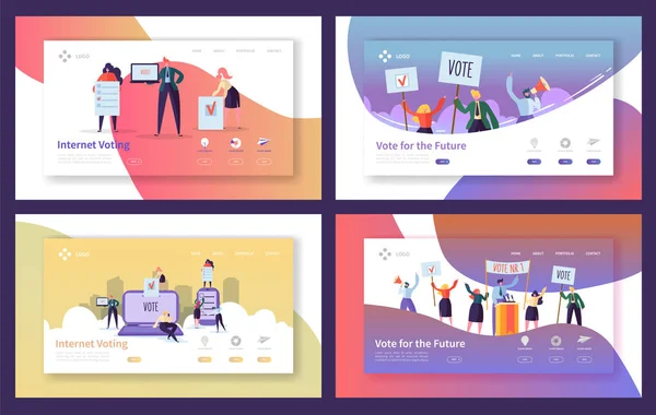 Elezioni di voto Landing Page Template Set. Personaggi Business People Voto su Internet, Concetto di Incontro Politico per il Sito Web o la Pagina Web. Illustrazione vettoriale — Vettoriale Stock