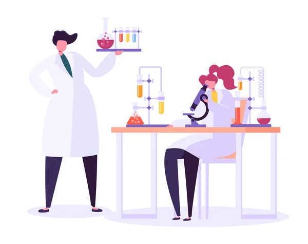 Conceito de Pesquisa Laboratorial Farmacêutica. Personagens Cientistas Trabalhando em Laboratório de Química com Equipamento Médico Microscópio, Flask, Tube. Ilustração vetorial —  Vetores de Stock