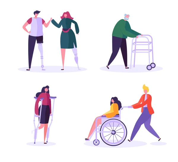 Personajes de personas con discapacidad. Mujer en silla de ruedas con hombre cuidadoso. Pacientes con discapacidad, niña en prótesis. Recuperación y Rehabilitación. Ilustración vectorial — Vector de stock