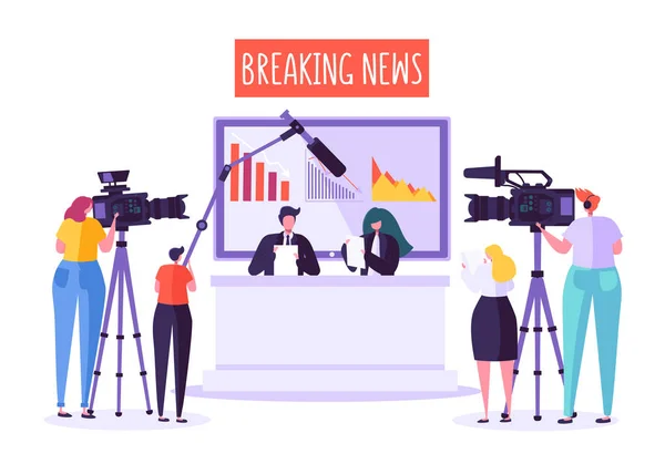 Breaking news tv studio, mass media. Professional journalists characters reading urgent news. TV studio with video cameras, microphones, cameramen and assistants. Live news show. Vector illustration — Stock Vector