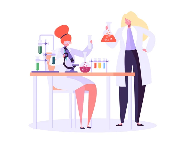 Conceito de Pesquisa Laboratorial Farmacêutica. Personagens Cientistas Trabalhando em Laboratório de Química com Equipamento Médico Microscópio, Flask, Tube. Ilustração vetorial —  Vetores de Stock