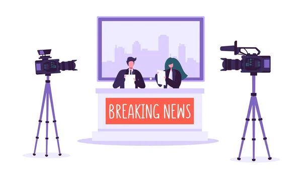 Breaking news tv studio, mass media. Professional journalists characters reading urgent news. TV studio with video cameras, microphones. Live news show. Vector illustration — Stock Vector