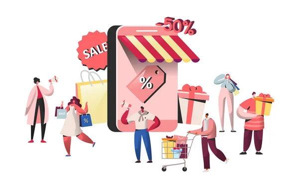 Personaggi di persone che acquistano in negozio online e schermo dello smartphone. Shopping sul sito web, concetto di mobile marketing, e-commerce. Uomo e donna che fanno acquisti. Illustrazione vettoriale — Vettoriale Stock