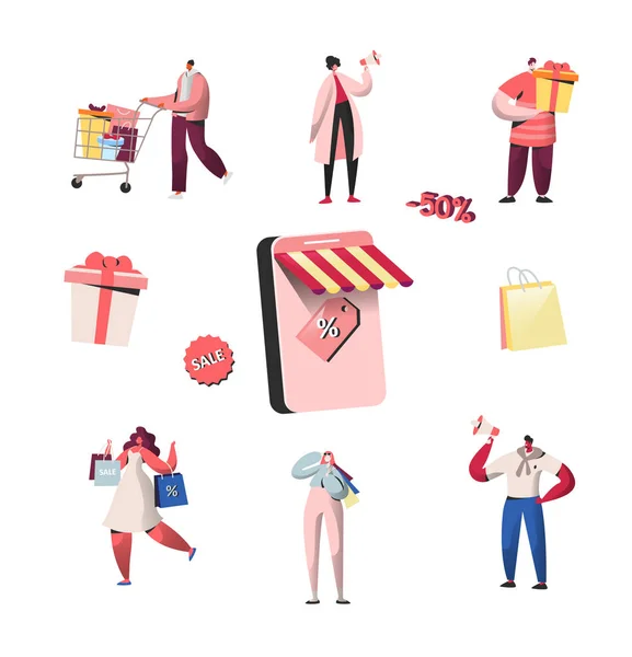 Mensen tekens winkelen op verkoop, korting, kopen geschenken en cadeaus. Online winkelen, mobiele marketing en aankoop concept, e-commerce. Vectorillustratie — Stockvector