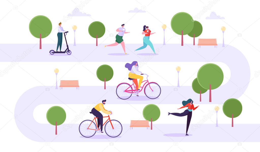 Leisure Outdoor Activities Concept. Active Characters Running in Park, Man and Woman Riding Bicycle, Girl Roller Skating, Guy on Kick Scooter. Vector Illustration