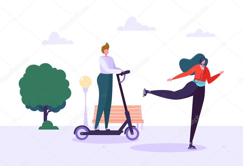 Active People on Eco Transportation. Young Woman Character Roller Skating in the City Park. Man Riding Electric Scooter. Healthy Lifestyle. Vector Illustration