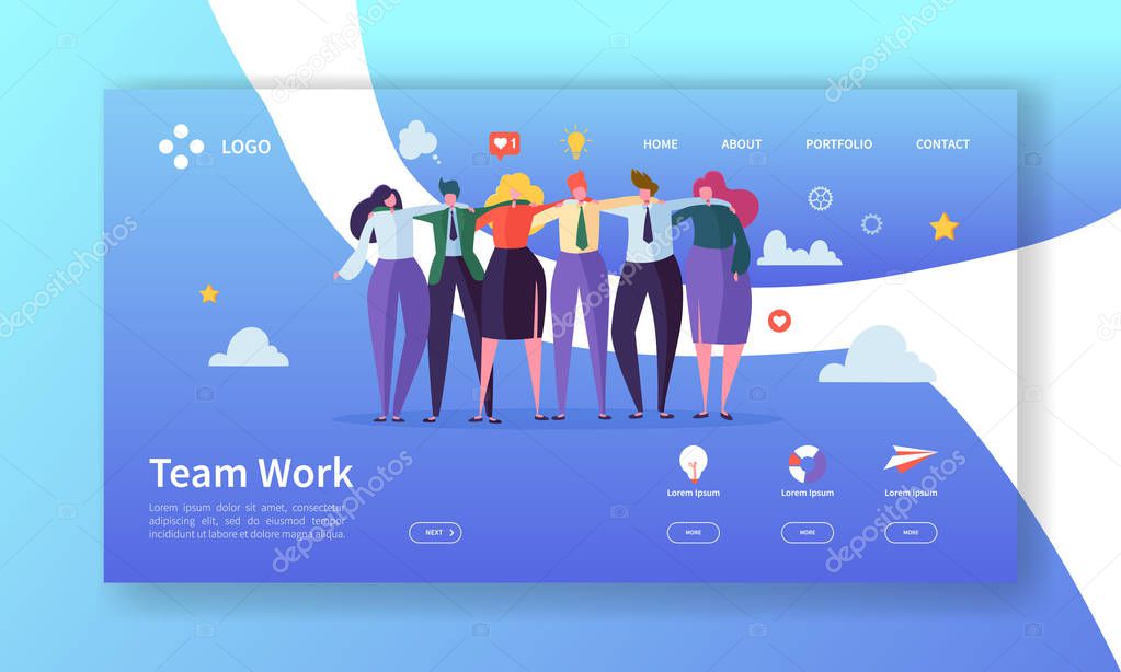 Teamwork Landing Page Template. Creative Process Concept with Flat People Characters Working Together Website or Web Page. Easy Edit and Customize. Vector illustration