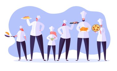 Şef karakter seti. Restoranda yemek karikatür Şef. Tepsi ve farklı yemekler pişirmek. Gıda Sanayi. Vektör çizim