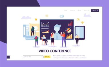 Video konferans açılış sayfası şablonu. İş insanlar karakter iletişim webinar, online eğitim web sitesi veya web sayfası için. Vektör çizim