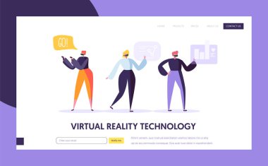 Sanal gerçeklik açılış sayfası şablonu. Web sitesi veya web sayfası için artırılmış gerçeklik kavramı. VR dünya deneyimi olan insanların karakter. Eğlence teknoloji. Vektör çizim