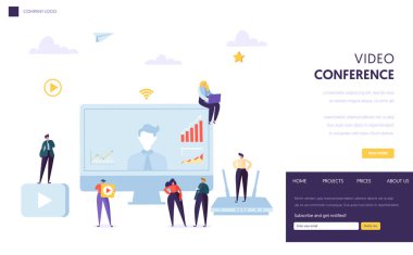 Video konferans açılış sayfası şablonu. İş insanlar karakter iletişim webinar, online eğitim web sitesi veya web sayfası için. Vektör çizim