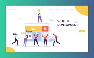 Web geliştirme açılış sayfası şablonu. Düz insanlar karakter çalışması oluşturma Web sayfası. Kullanıcı arayüzü mobil uygulama. Vektör çizim