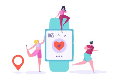 SmartWatch app teknoloji kavramı. Kalp atış hızı monitörünü ile çalışan aktif insanlar karakterler. Fitness izci, kalp atışı, kalori sayma. Vektör çizim