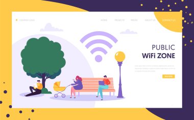 WiFi kablosuz ağ açılış sayfası şablonu. Genel wi-fi park Web sitesi veya web sayfası için mobil cihazlar kullanan karakterleri ile bölgede. Vektör çizim