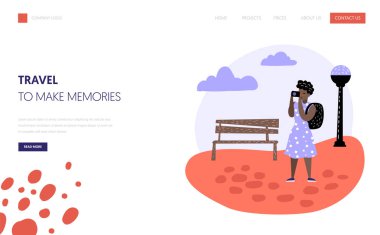 Turizm ve seyahat açılış sayfası şablonu. Düz insanlar karakter tatil kavramı üzerinde seyahat. Web sitesi veya web sayfası için fotoğraf makinesi olan kadın. Vektör çizim
