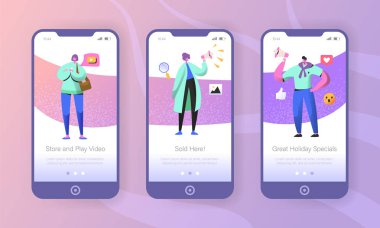 Sosyal pazarlama onboarding mobil app ekranlar. Erkek ve kadın karakter çevrimiçi teşvik sosyal ağ smartphone kullanma ve Web sitesi veya web sayfası için megafon. Vektör çizim
