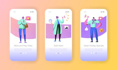 Sosyal pazarlama onboarding mobil app ekranlar. Erkek ve kadın karakter çevrimiçi teşvik sosyal ağ smartphone kullanma ve Web sitesi veya web sayfası için megafon. Vektör çizim