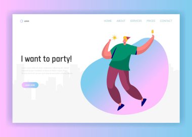 Şirket parti açılış sayfası şablonu. Şapkayla kutluyor ve tost Web sitesi veya web sayfası için sahip mutlu bir adam karakteri. Kolay düzenleme. Vektör çizim